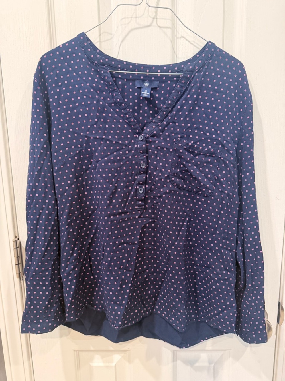 GAP Navy Long-Sleeve Henley with Pink Dot Print